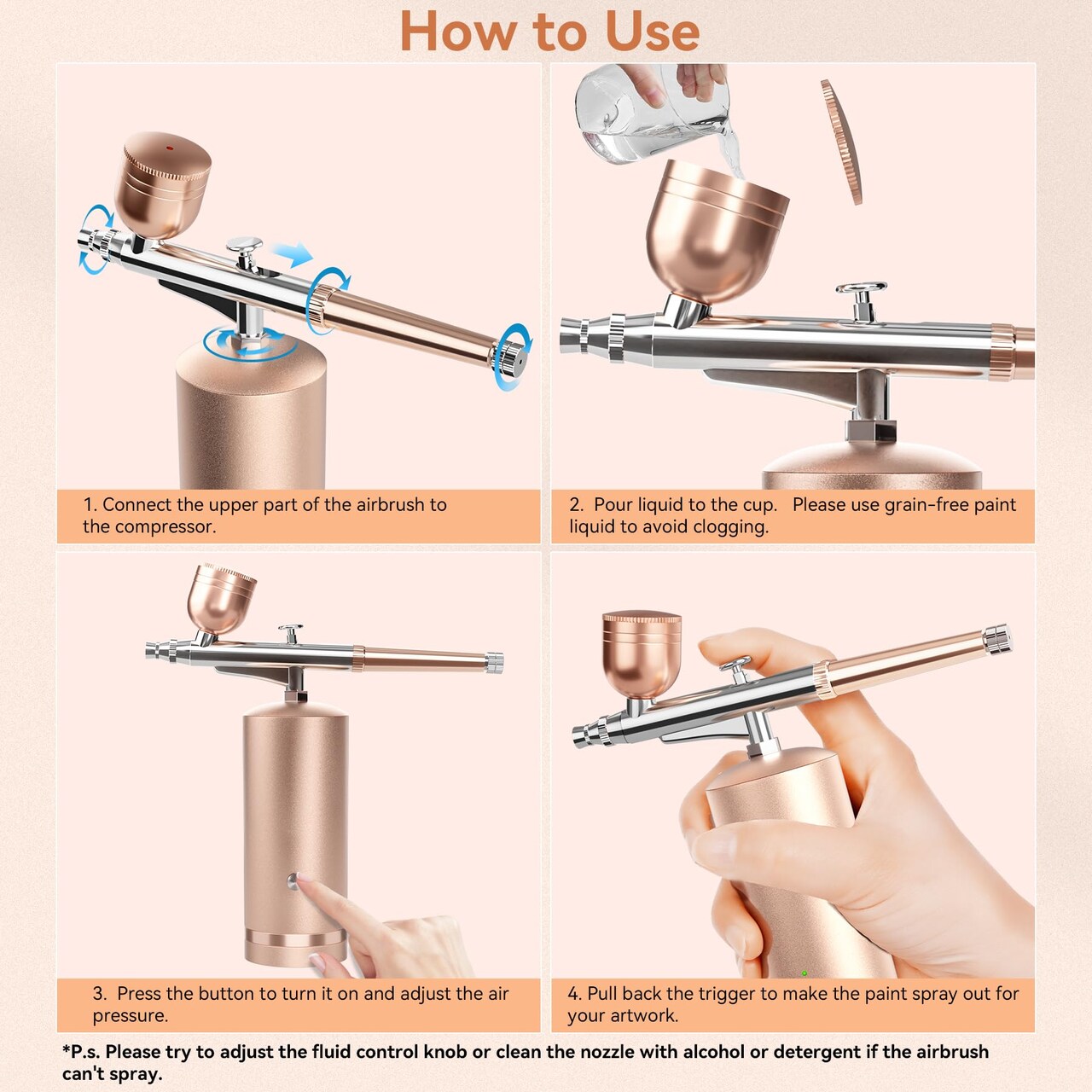 48PSI Airbrush Kit With Compressor - Rechargeable Cordless Non-Clogging High-Pressure Air Brush Set with 0.3mm Nozzle and Cleaning Brush Set for Nail Art, Makeup, Painting, Cake Decor